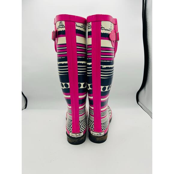 Journee Collection Women’s Rain Boots Size 6 Pink Navy Block Heel Waterproof - Picture 3 of 6